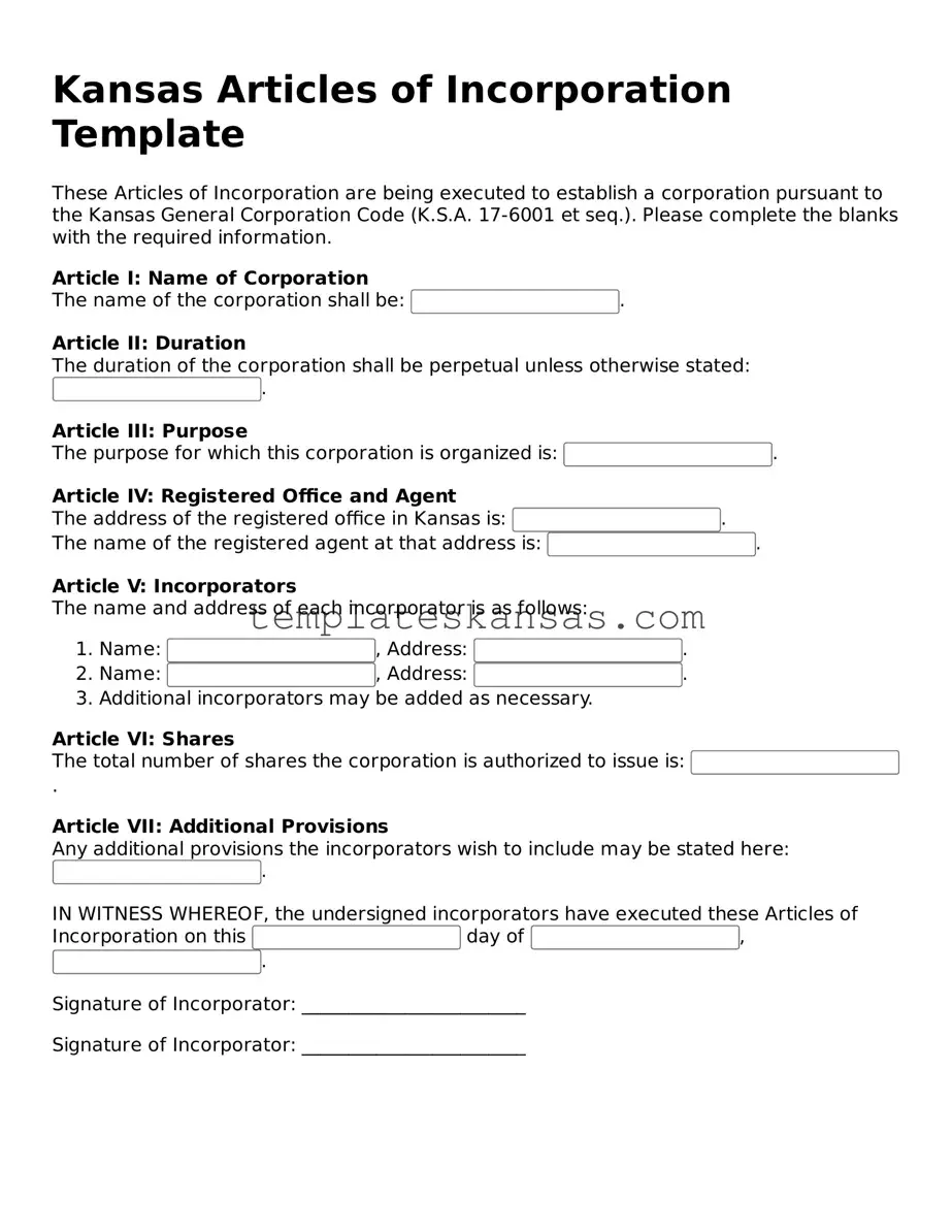 Fillable Kansas Articles of Incorporation Form