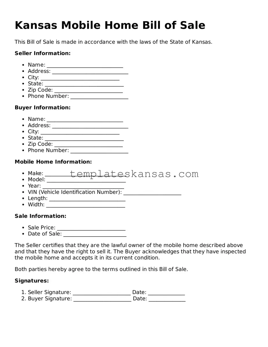Fillable Kansas Mobile Home Bill of Sale Form
