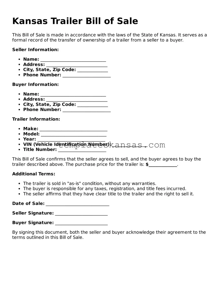 Fillable Kansas Trailer Bill of Sale Form