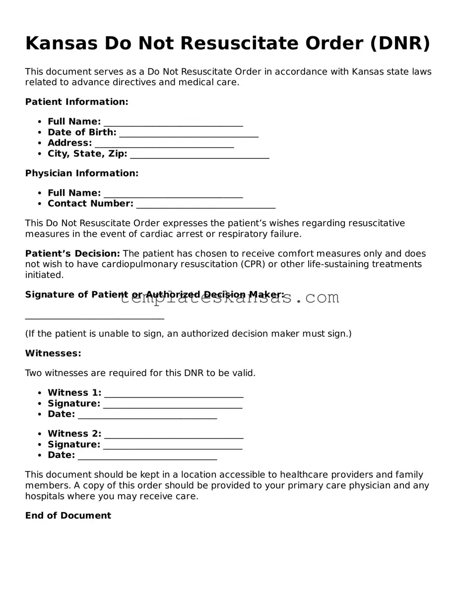 Fillable Kansas Do Not Resuscitate Order Form