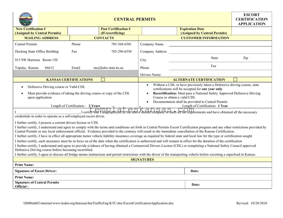Kansas Escort Certification Template
