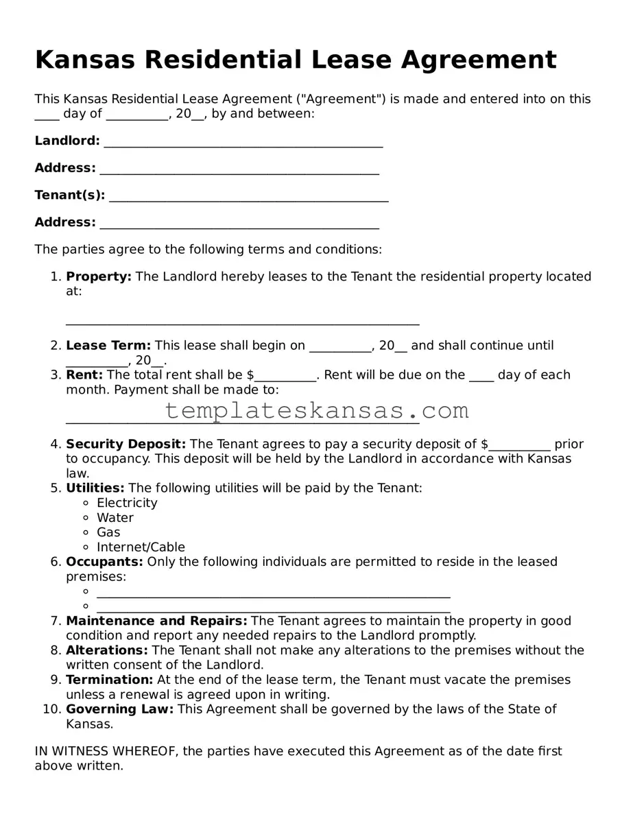 Fillable Kansas Residential Lease Agreement Form