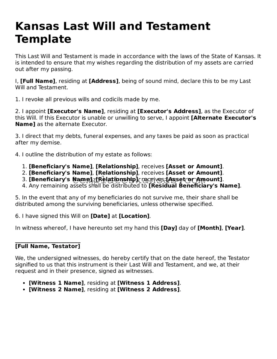 Fillable Kansas Last Will and Testament Form