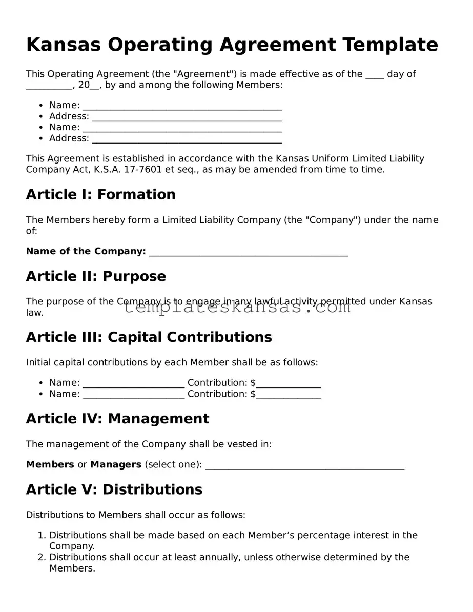 Fillable Kansas Operating Agreement Form