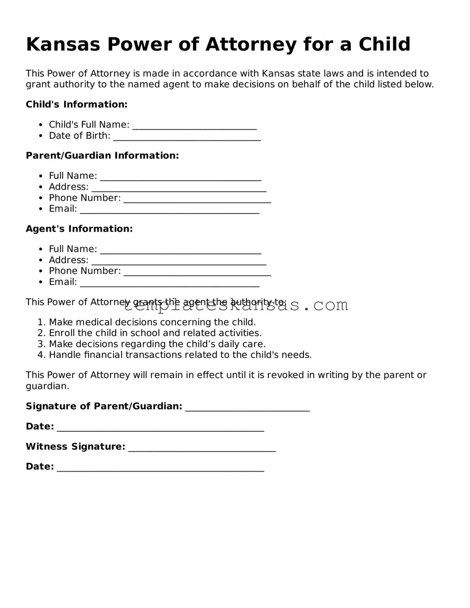 Fillable Kansas Power of Attorney for a Child Form