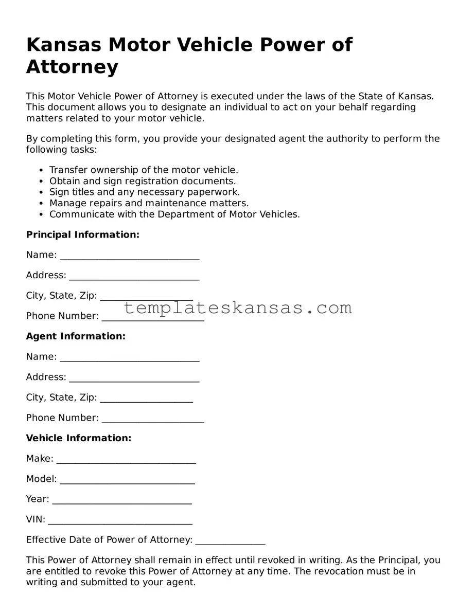 Fillable Kansas Motor Vehicle Power of Attorney Form