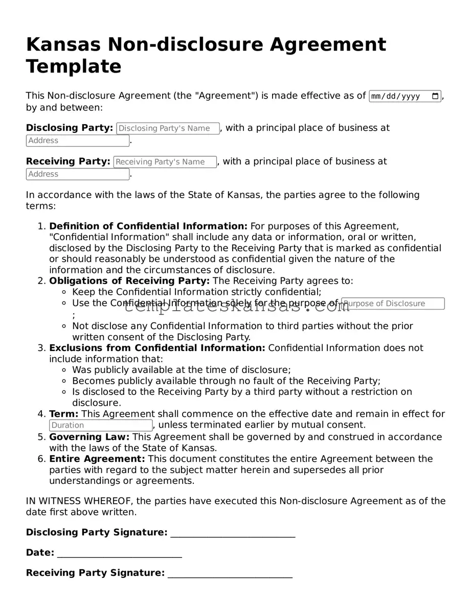 Fillable Kansas Non-disclosure Agreement Form