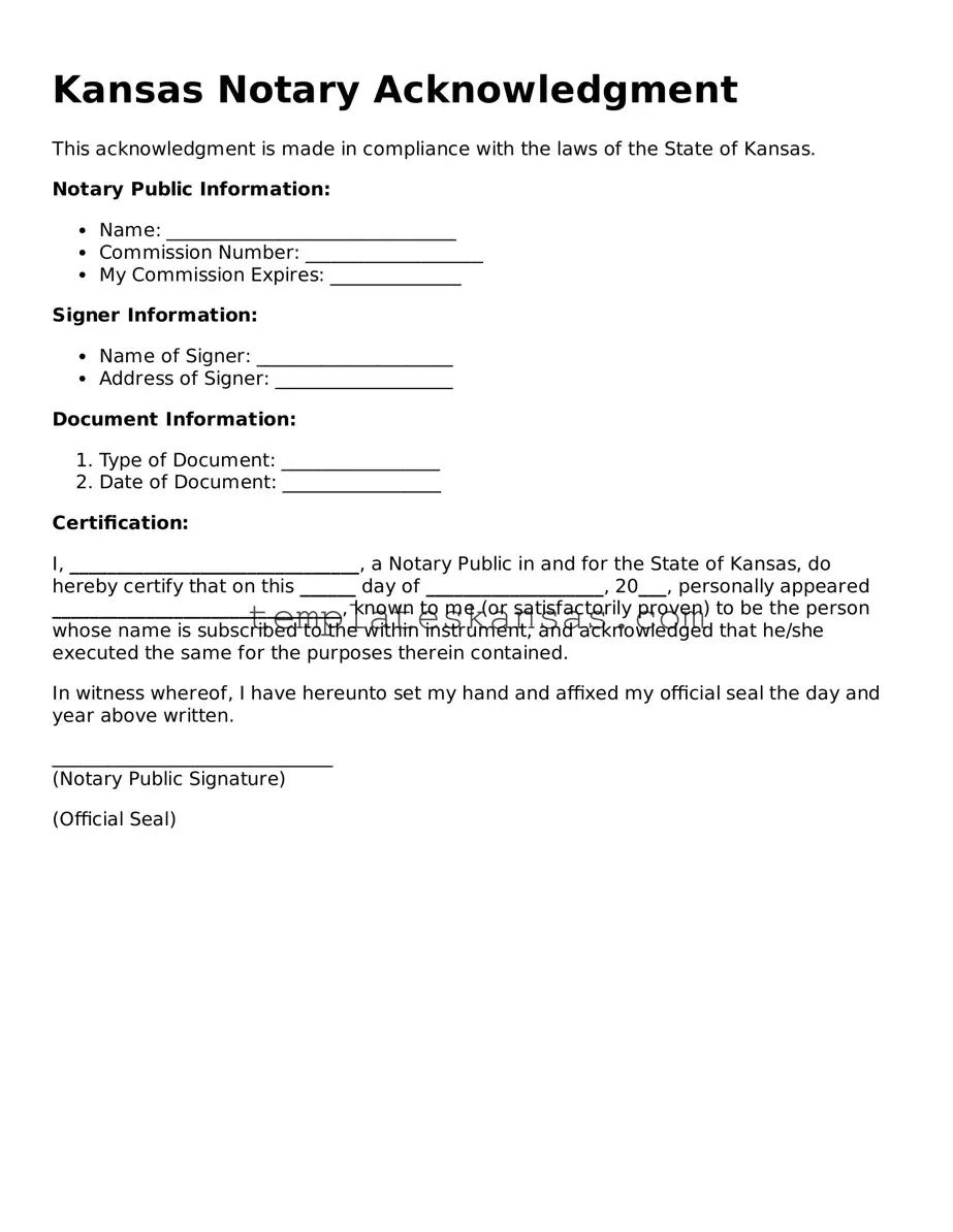 Fillable Kansas Notary Acknowledgement Form