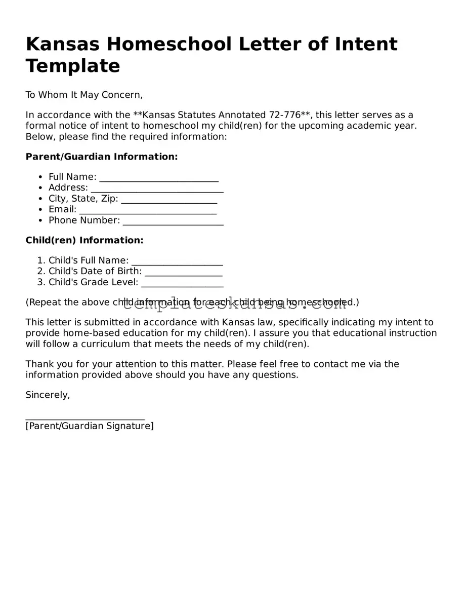 Fillable Kansas Homeschool Letter of Intent Form
