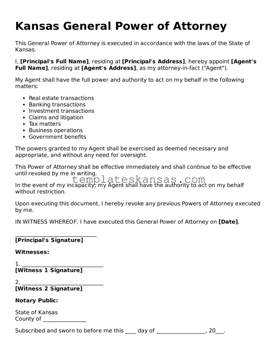 Fillable Kansas General Power of Attorney Form