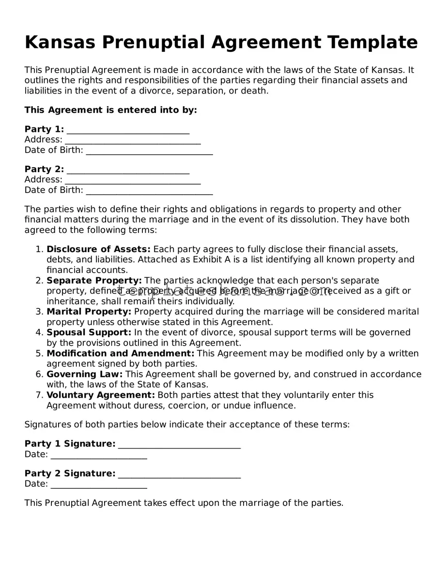 Fillable Kansas Prenuptial Agreement Form