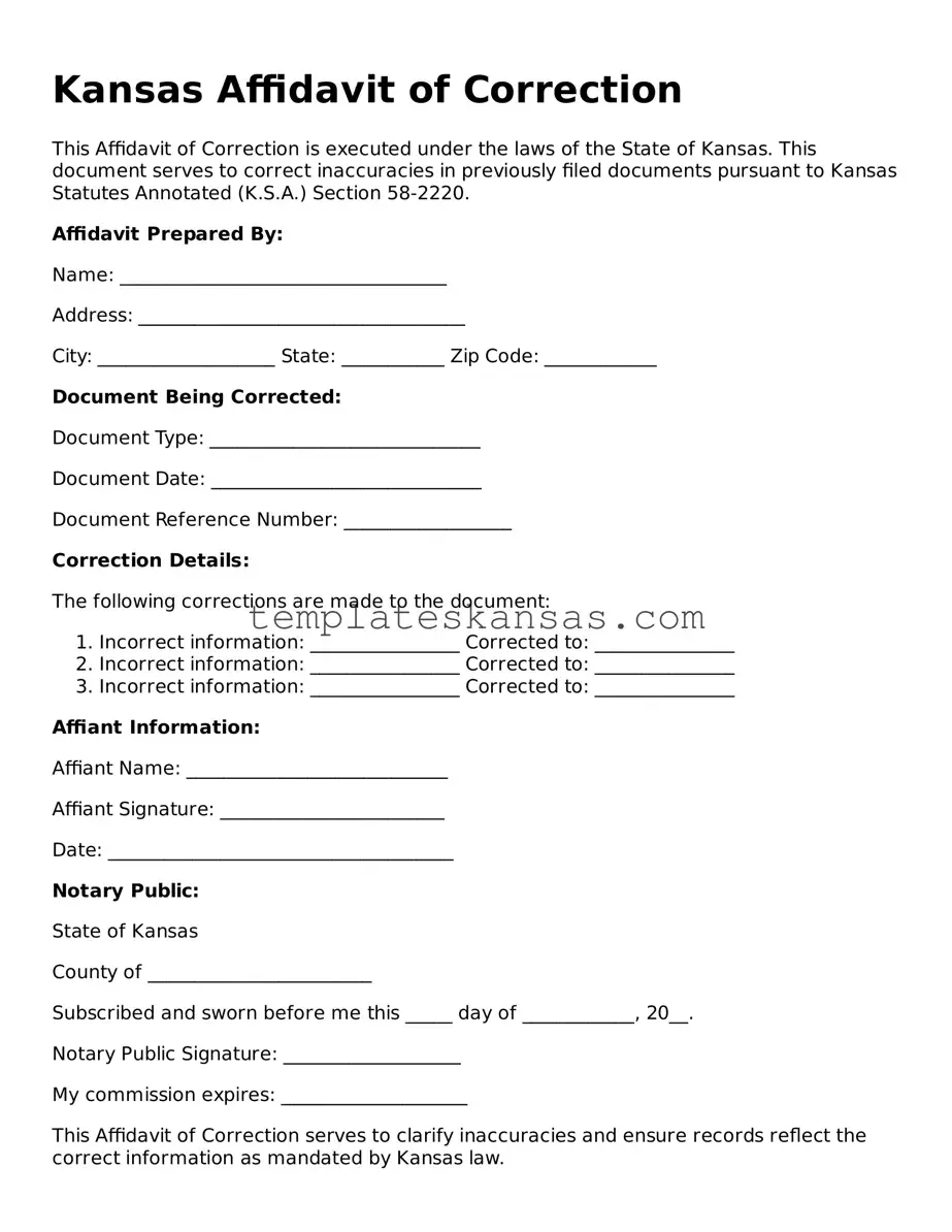Fillable Kansas Affidavit of Correction Form