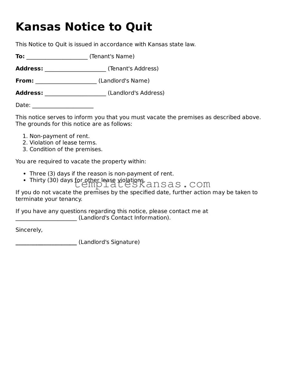 Fillable Kansas Notice to Quit Form