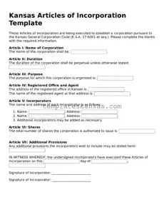 Fillable Kansas Articles of Incorporation Form