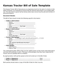 Fillable Kansas Tractor Bill of Sale Form