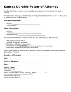 Fillable Kansas Durable Power of Attorney Form