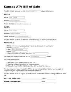 Fillable Kansas ATV Bill of Sale Form