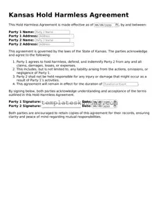 Fillable Kansas Hold Harmless Agreement Form