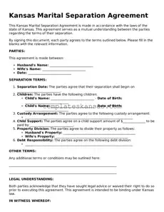 Fillable Kansas Marital Separation Agreement Form