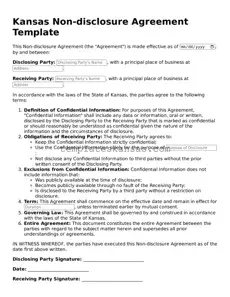 Fillable Kansas Non-disclosure Agreement Form