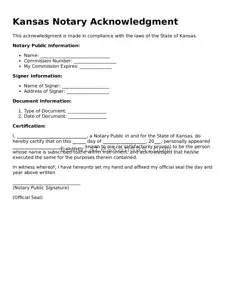 Fillable Kansas Notary Acknowledgement Form