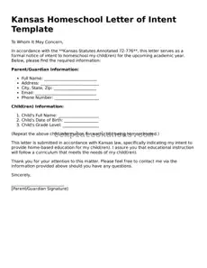 Fillable Kansas Homeschool Letter of Intent Form