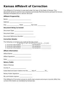 Fillable Kansas Affidavit of Correction Form
