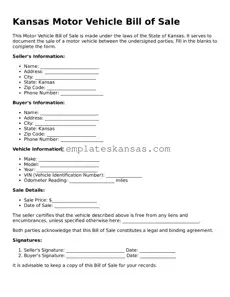 Fillable Kansas Motor Vehicle Bill of Sale Form